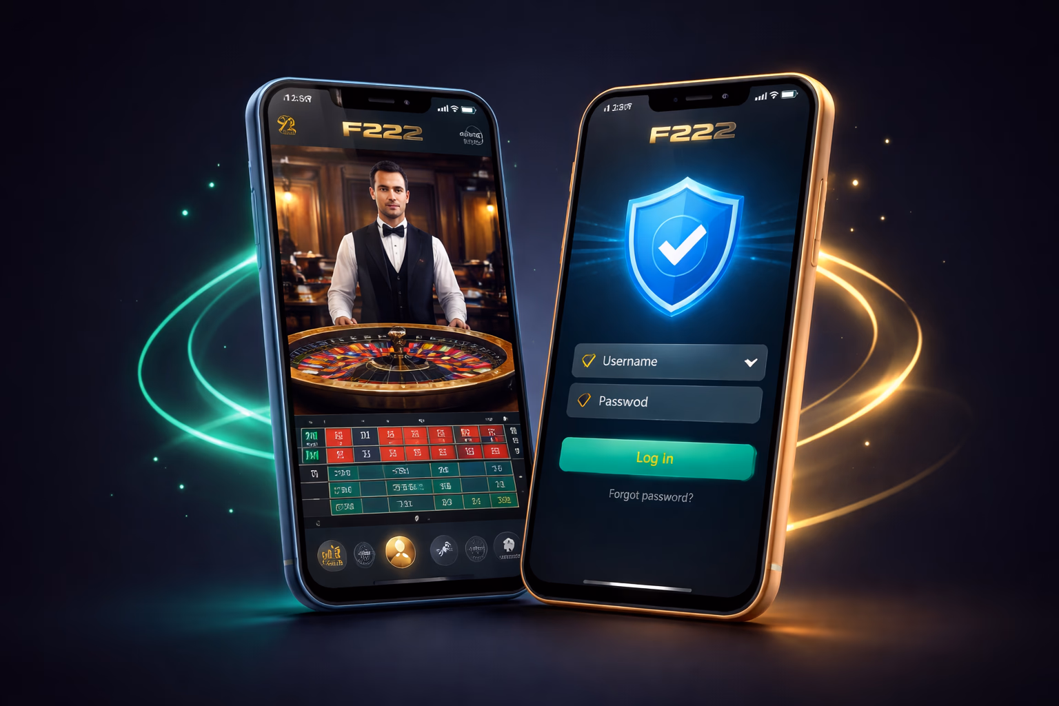 F222 Android app screens showing casino lobby and secure sign-in for Bangladesh users