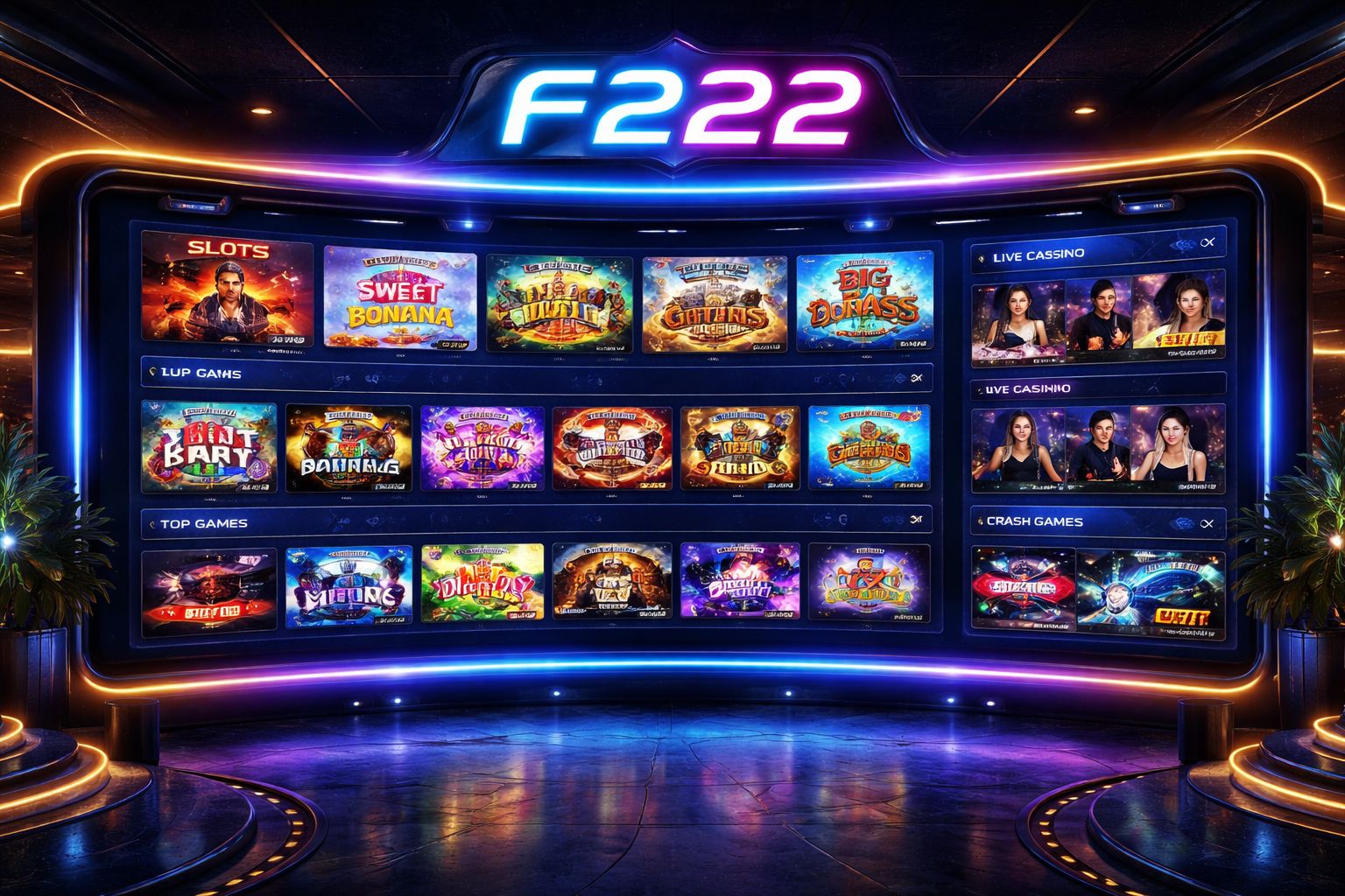 F222 casino homepage featuring 600+ games from 80+ providers with unified wallet for Bangladesh