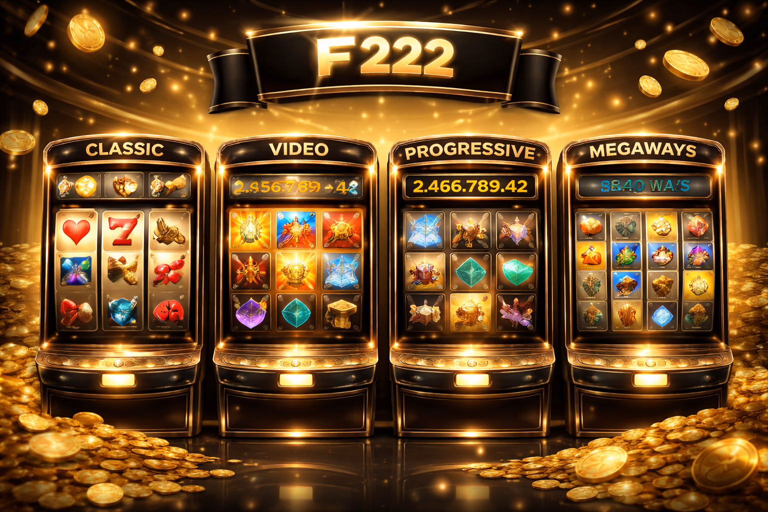 F222 slot categories displayed as classic reels, video slots, jackpots and Megaways